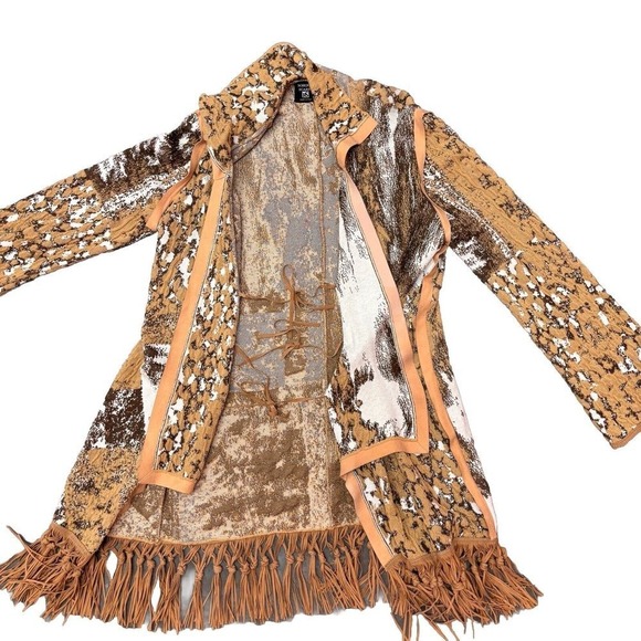 Animal Print Fringe Cardigan Sweater Sz M Faux Suede Piping Italian Boho Western - Picture 4 of 14